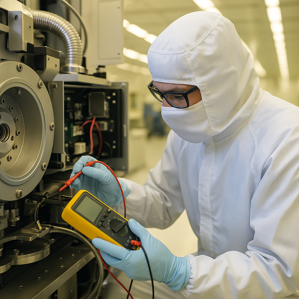A photorealistic image depicting engineers working collaboratively to troubleshoot a simulated semiconductor manufacturing issue. The scene takes place in a virtual reality environment, with engineers wearing VR headsets and interacting with virtual equipment. The lighting is dynamic and engaging, creating a sense of urgency and problem-solving. The color palette should be dominated by cool blues and grays, with accents of orange and red to represent alerts and warnings. The camera angle is medium, capturing the engineers' expressions and the virtual environment. Focus on texture details: the virtual equipment, the engineers' headsets, and the immersive virtual environment.