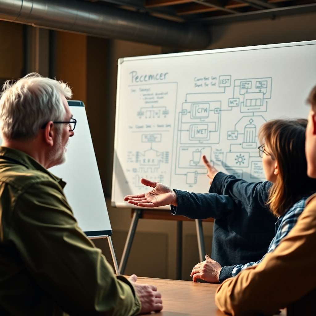A photorealistic image depicting a seasoned semiconductor expert presenting to a group of attentive engineers. The instructor is charismatic and engaging, using a whiteboard to illustrate a complex semiconductor concept. The lighting is warm and inviting, creating a sense of trust and collaboration. The color palette should be dominated by earthy tones, such as browns, greens, and yellows, with highlights of blue to represent knowledge and expertise. The camera angle is medium, capturing the instructor's expression and the engagement of the engineers. Focus on texture details: the instructor's weathered hands, the whiteboard with its detailed diagrams, and the focused expressions of the engineers.