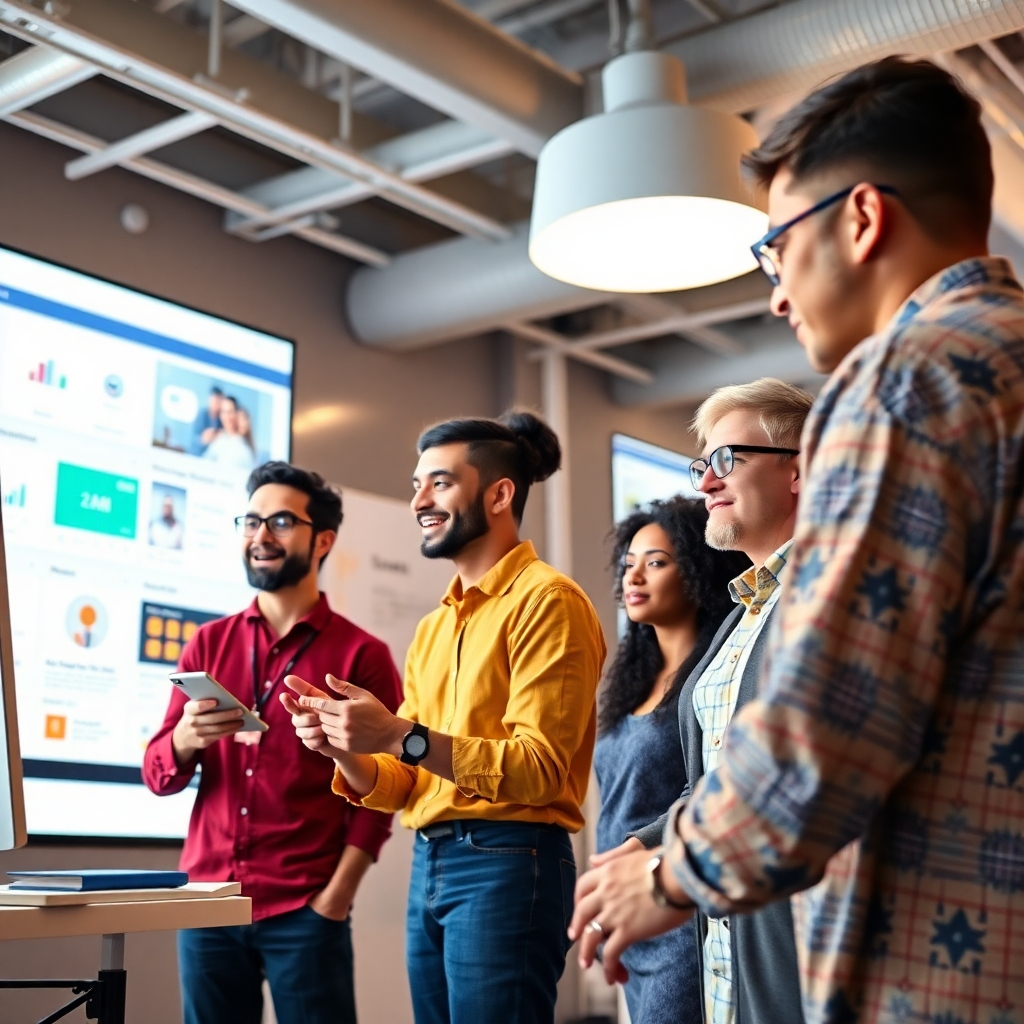 A photorealistic image featuring a diverse team of training developers and engineers collaborating on a customized training curriculum. The scene takes place in a modern office environment with large displays showcasing the customized content. The lighting is bright and collaborative. The color palette is diverse and engaging. Focus on the details of the collaborative atmosphere and the customized content.