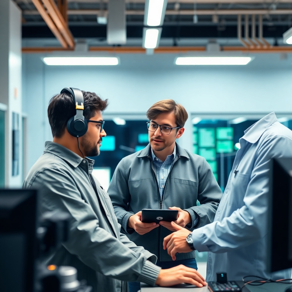 A photorealistic image of a new engineer being onboarded in a modern semiconductor training facility. The engineer is receiving personalized guidance from a senior colleague. The environment is clean and well-lit. The color palette consists of calming blues and greens with warm accents. The camera is positioned to capture the interaction and the modern facilities. Focus on details such as the engineer's attentive expression and the advanced training equipment.