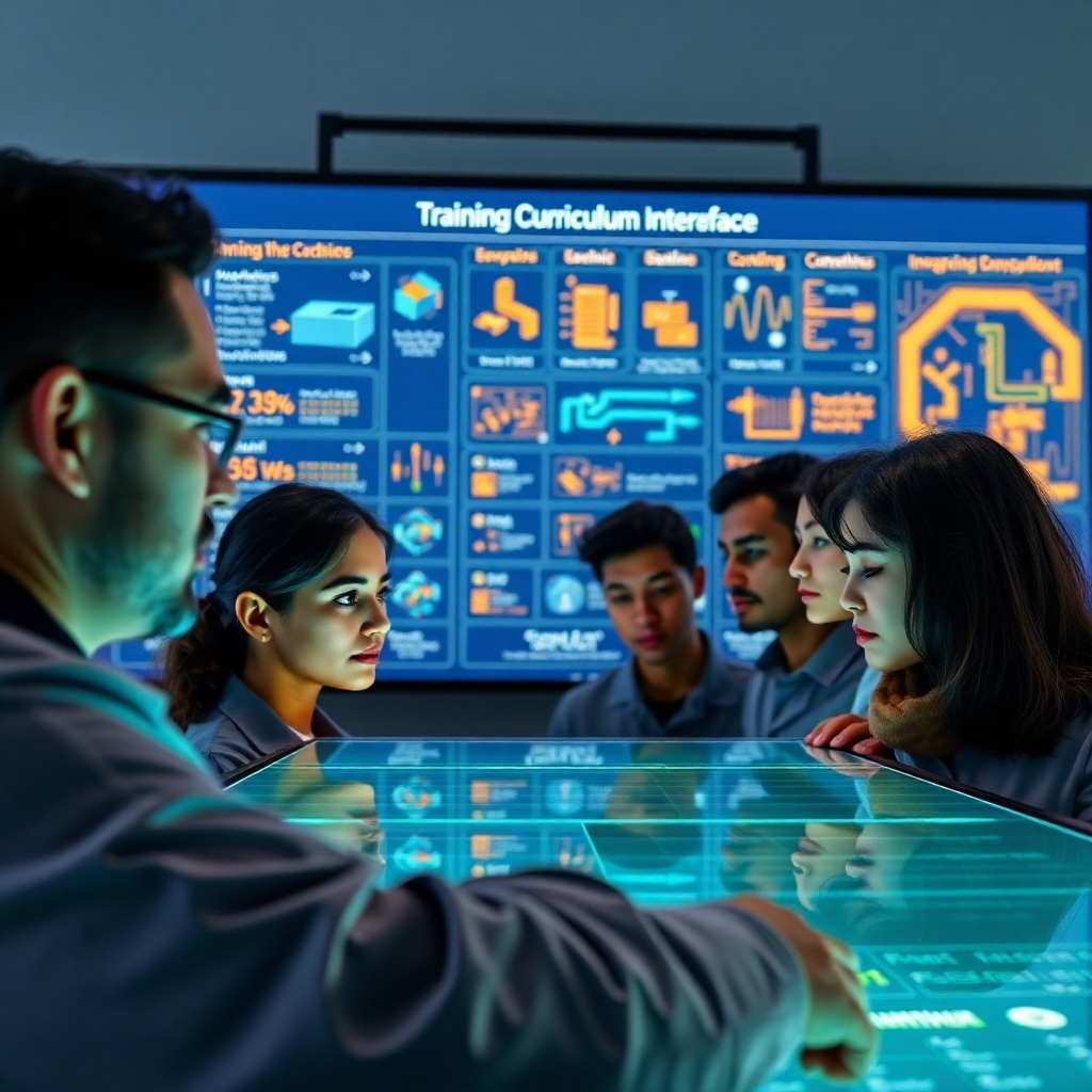 A photorealistic image showcasing a customizable training curriculum interface on a large touchscreen display. Several diverse engineers are interacting with the screen, their faces illuminated by the display's light. The interface should display various semiconductor design and manufacturing processes, represented by interactive modules and diagrams. The color palette should be dominated by cool blues and greens, with highlights of orange and yellow to indicate interactivity and customization. The lighting is soft and diffused, creating a sense of focus and engagement. The camera angle is medium, capturing the interaction between the engineers and the technology. Focus on texture details: the smooth surface of the touchscreen, the crispness of the displayed information, and the subtle expressions of the engineers.