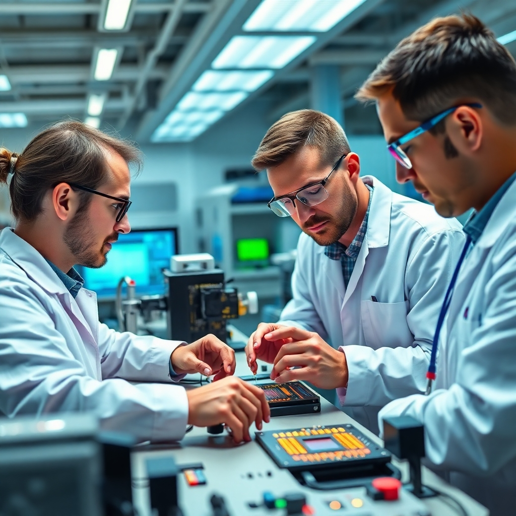 A photorealistic image showing experienced engineers collaborating on a complex semiconductor design. The environment is a high-tech lab with advanced workstations. The lighting is bright and focused. The color palette consists of cool blues and silvers with vibrant accents. The camera angle is medium, capturing the engineers in action. Focus on the details of the sophisticated equipment and the engineers' collaborative spirit.