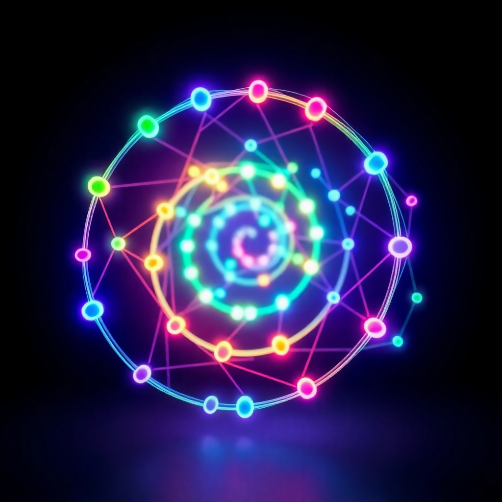 A stylized image representing the concept of continuous learning. The image features a spiral of interconnected nodes, each representing a different area of semiconductor technology. The color palette is vibrant and dynamic, with each node glowing with a different color. The lighting is soft and diffused, creating a sense of interconnectedness and growth. The camera angle is slightly elevated, providing an overview of the spiral. Focus on texture details: the interconnected nodes, the soft glows, and the overall sense of movement and growth.