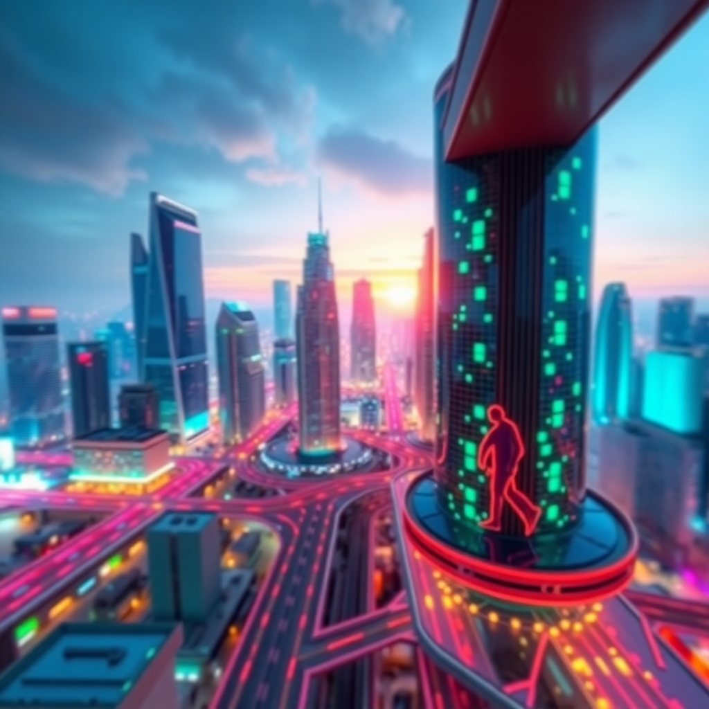 A stylized image representing the future of semiconductor technology. The image features a futuristic city skyline with glowing semiconductor chips integrated into the infrastructure. The color palette is vibrant and dynamic. The lighting is soft and diffused, creating a sense of wonder and innovation. The camera angle is wide, providing an overview of the futuristic city. Focus on the integration of technology with everyday life.