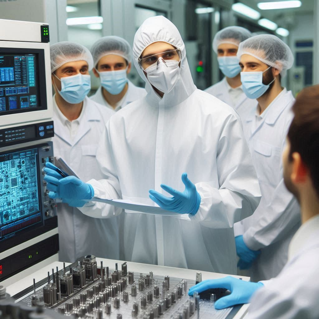A photorealistic image of an expert instructor delivering a training session at a client's semiconductor facility. The scene takes place in a modern training room with engineers actively participating in the session. The lighting is professional and focused. The color palette is clean and engaging. Focus on the details of the training environment and the instructor's expertise.